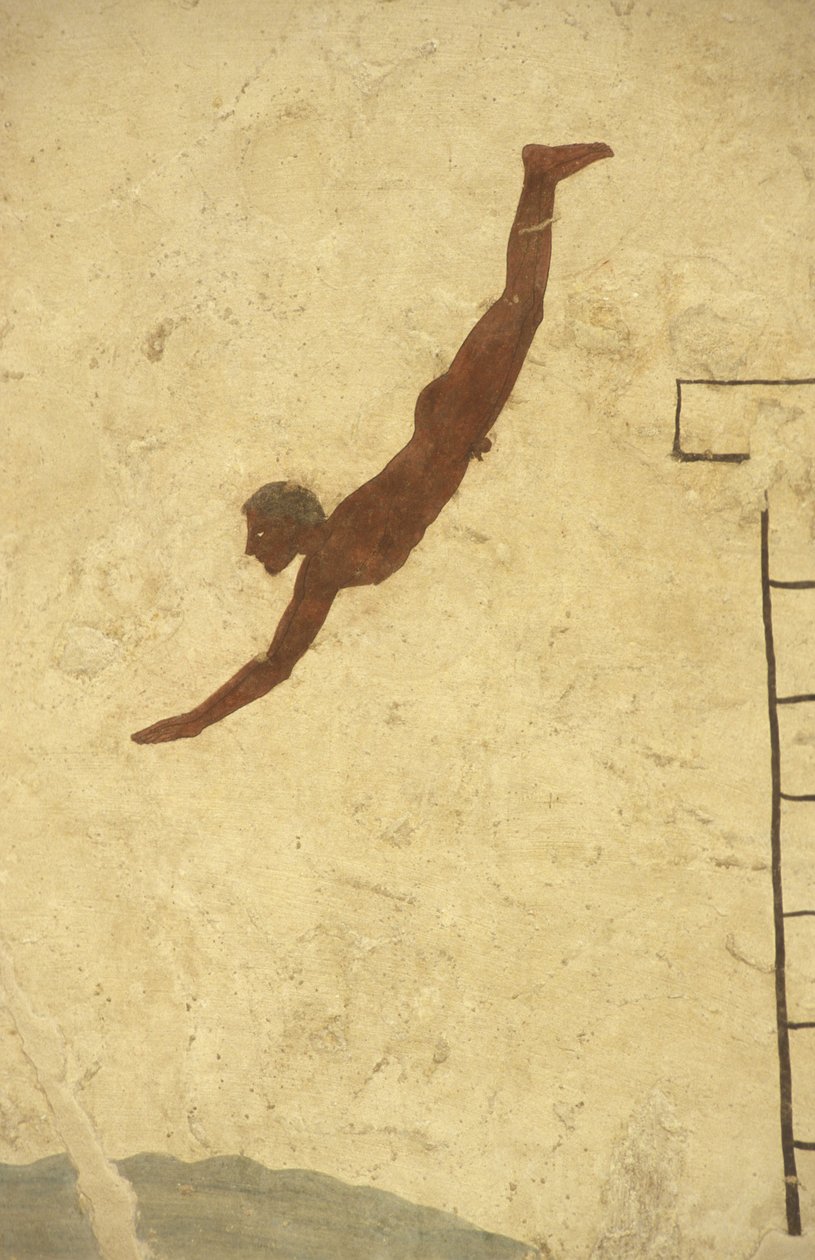 Gresk kunst: Fresco of the Tomb of the Diver, Paestum, Campagnie-regionen, Italia. Tomba del Tuffatore, veggmaleri, Paestum arkeologiske park, Campania, Italia av William M. Timlin