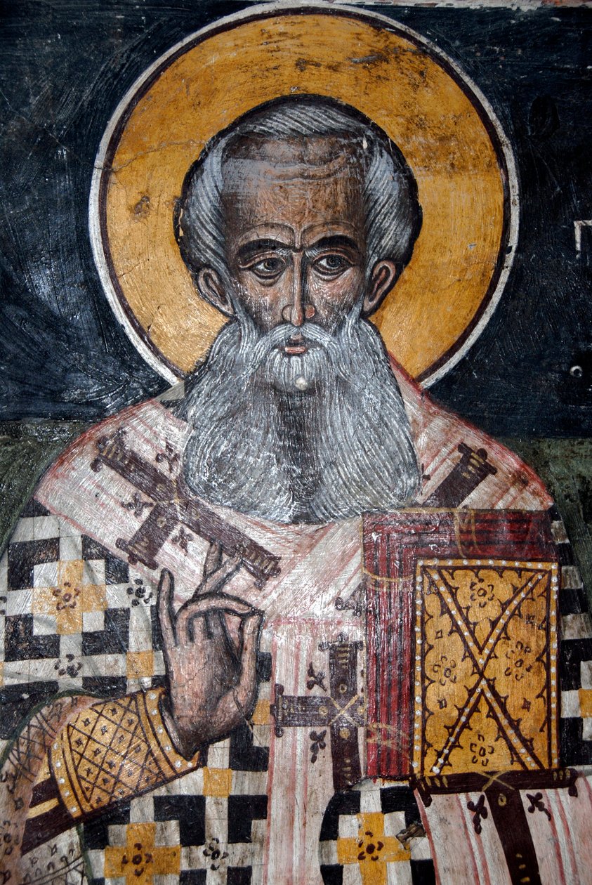 gresk-ortodoks kristendom; gamle bysantinske fresker; veggmaleri av biskop Nicholas; Agios Nikolaos kirke i Petra; Lesbos; Egeerhavet; Hellas; Europa av Unbekannt