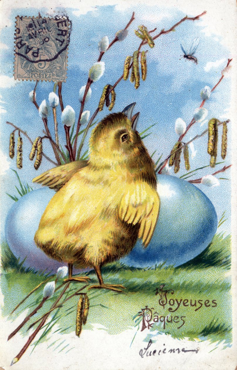 Gratulasjonskort for påske: en kylling og egg - Postkort datert 1906 av Unbekannt