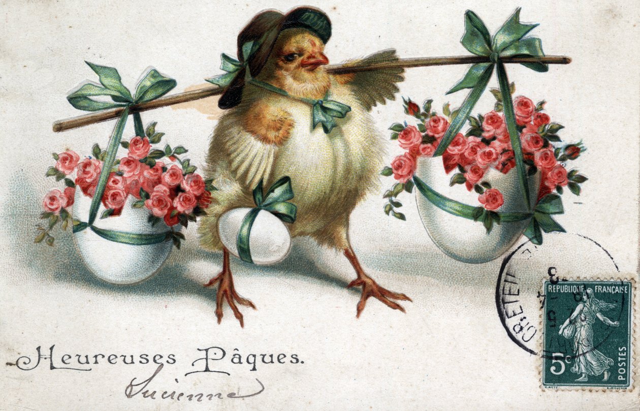 Gratulasjonskort for påske: en kylling som bærer egg fylt med roser - Postkort datert 1908 av Unbekannt
