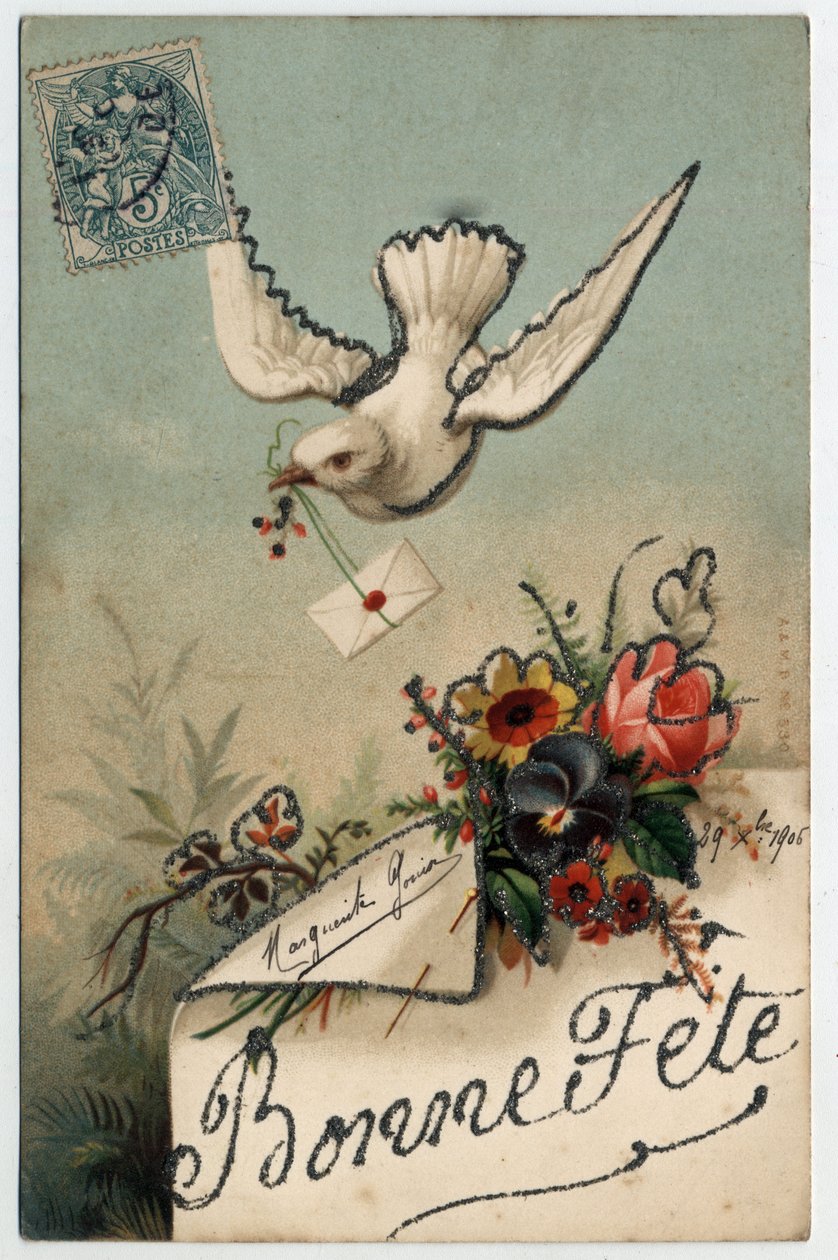 Gratulasjonskort: en fugl bringer et forseglet brev - Postkort datert 1906 av Unbekannt
