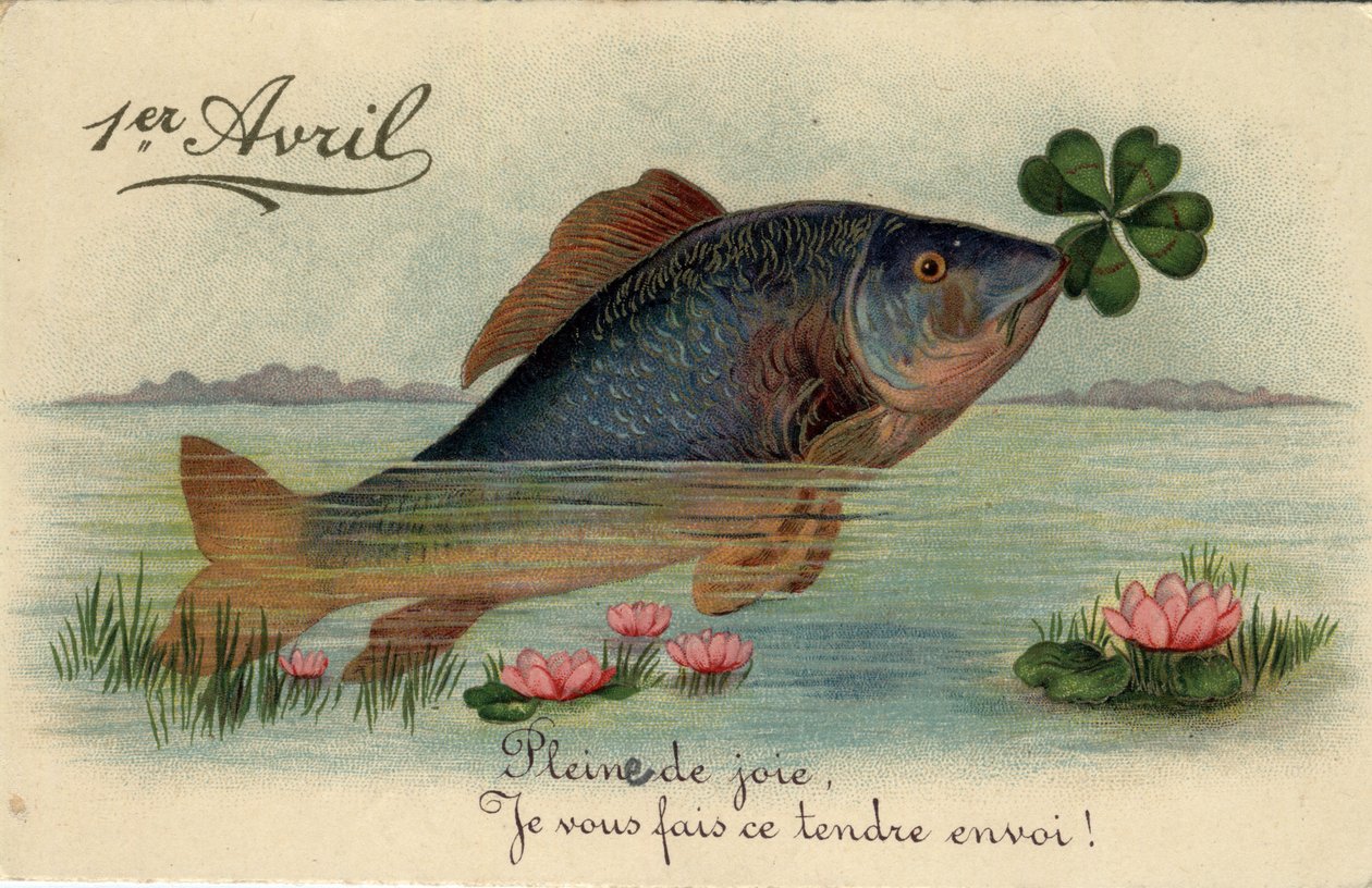 Gratulasjonskort for 1. april: fisk med fireblads trefle - Postkort sent på 1800- og 1900-tallet av William M. Timlin