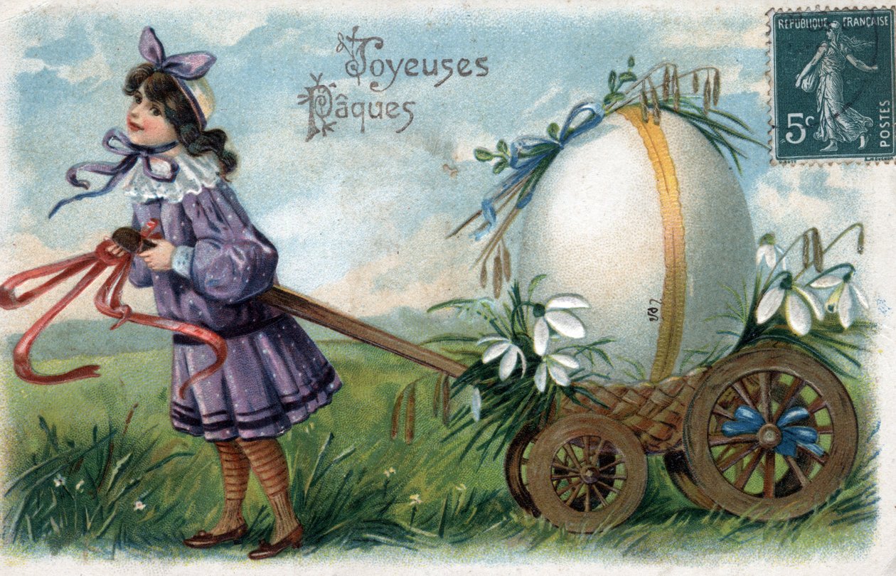Gratulasjonskort til påske: en liten jente fanger et gigantisk egg i en vogn - Postkort sent på 1800- og 1900-tallet av William M. Timlin