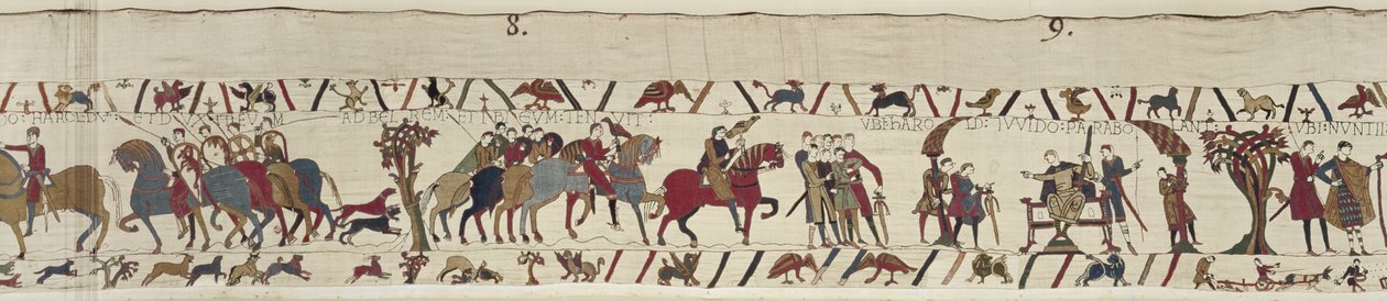 Guy of Ponthieu tar Harold som fange til slottet Beaurain, Bayeux-teppet (ullbroderi på lin) av Unbekannt