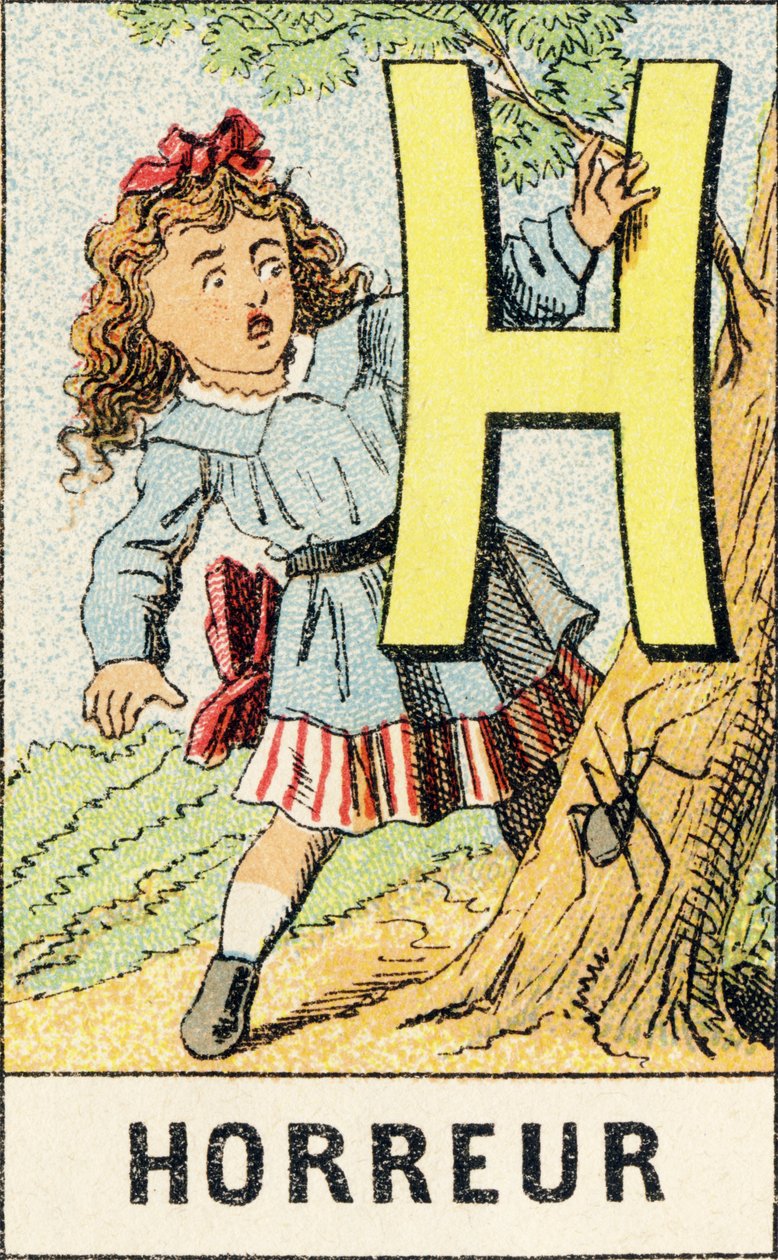 H: Skrekk - Gravering hentet fra ABCD av små jenter. Pellerin & Cie, trykkeri-utgiver, Epinal, rundt 1890. Serie A. Mål: 19 x 13,5 cm. av Unbekannt