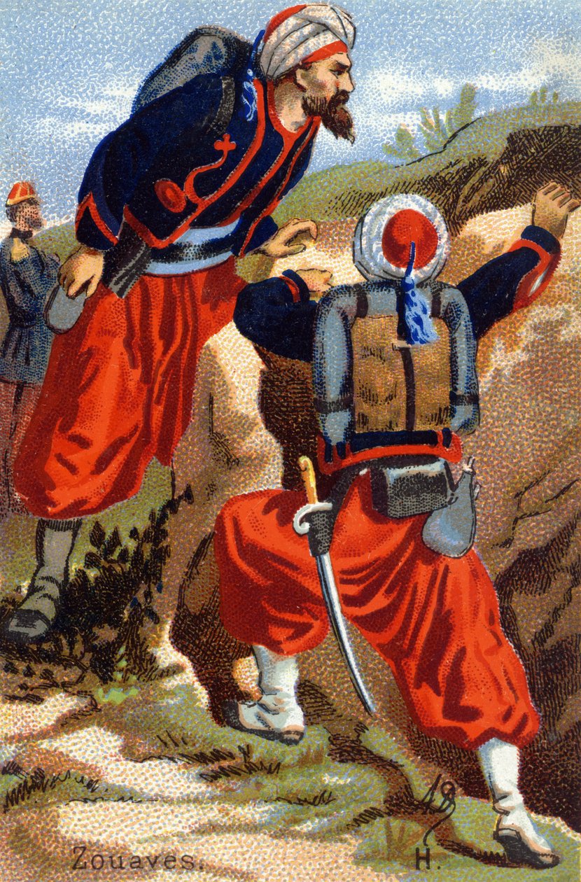 H: Zouaver. Gravering i "Militæralfabetet". Illustratorens initialer: A. D. Ukjent utgiver. Kromolitografier sent på 1800-tallet. Mål: 10,5x7 cm. av Unbekannt
