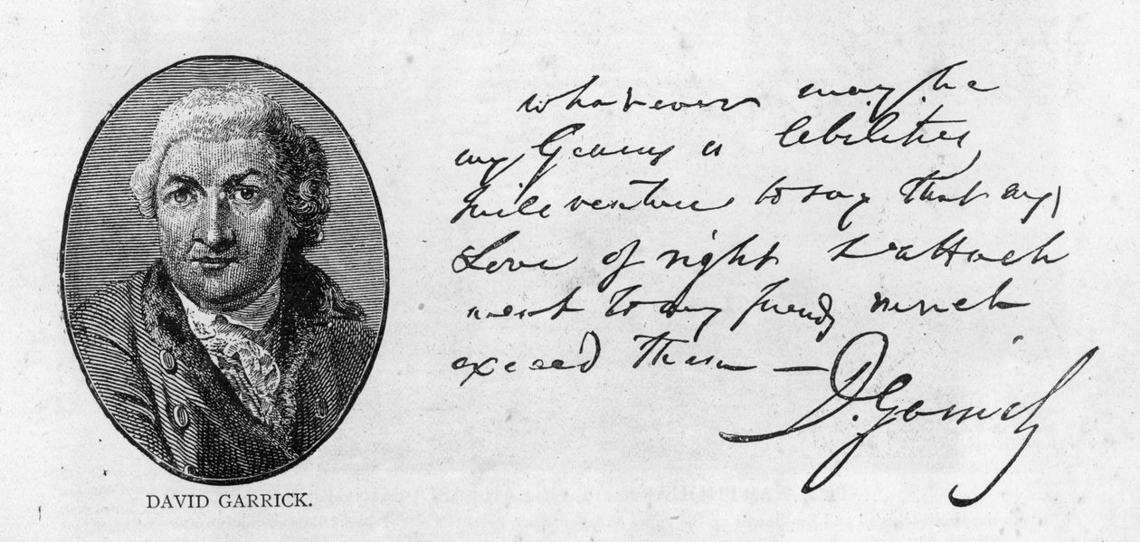 Håndskrift og signatur av David Garrick (penn og blekk på papir) av Unbekannt