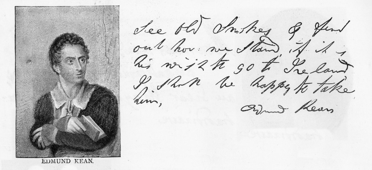 Håndskrift og signatur av Edmund Kean (penn og blekk på papir) av Unbekannt