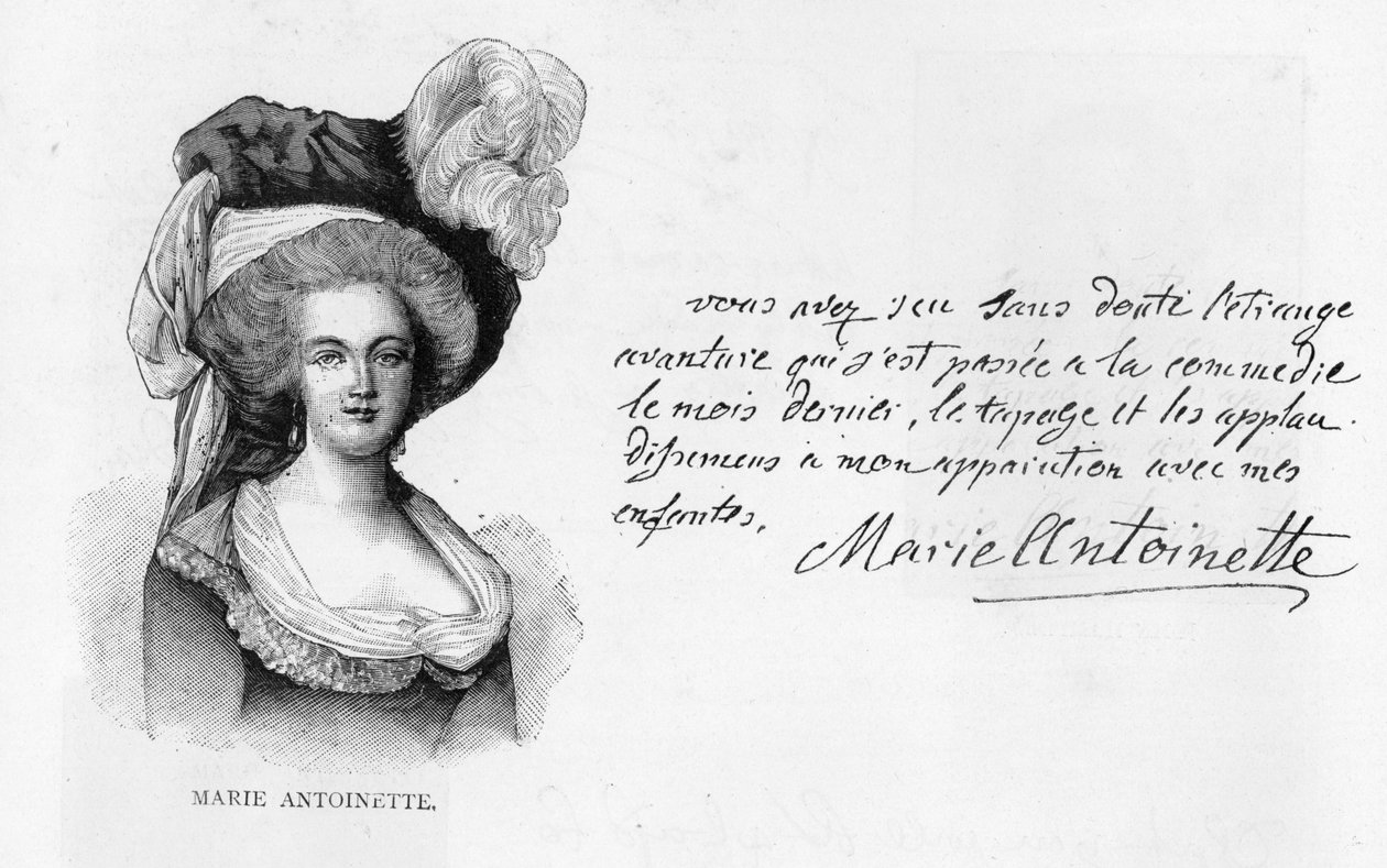 Håndskrift og signatur av dronning Marie-Antoinette (penn og blekk på papir) av Unbekannt