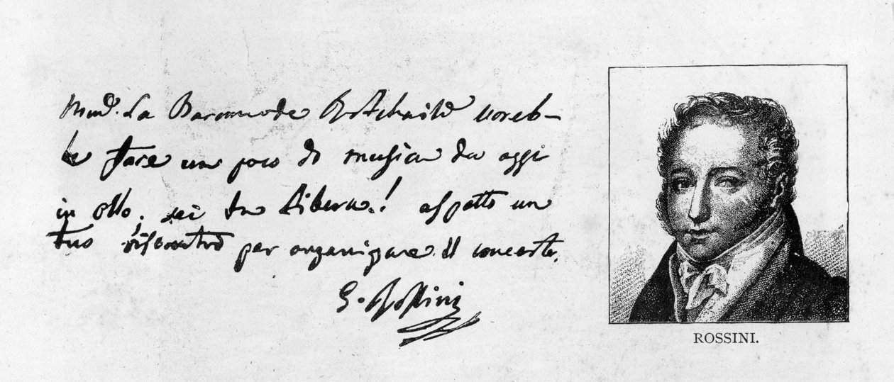 Håndskrift og signatur av Rossini fra et brev som arrangerer en konsert for Baronne de Rothschild (penn og blekk på papir) av Unbekannt