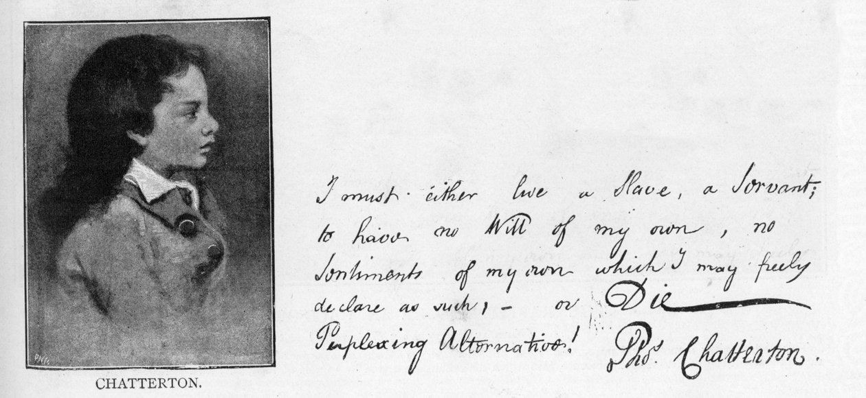 Håndskrift og signatur av Thomas Chatterton fra et brev skrevet til William Barrett som svar på Barretts protester mot Chattertons intensjon om å begå selvmord av Unbekannt