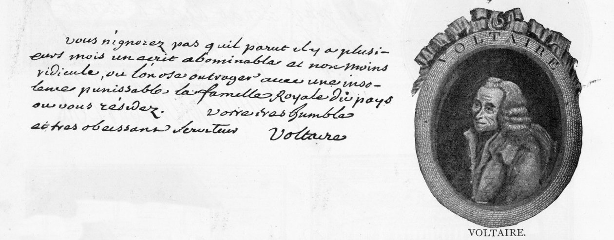Håndskrift og signatur av Voltaire, fra et brev skrevet i Colmar til den franske ministeren ved hoffet til Fredrik den store i Berlin, Chevalier de la Touche, 3. mars av Unbekannt