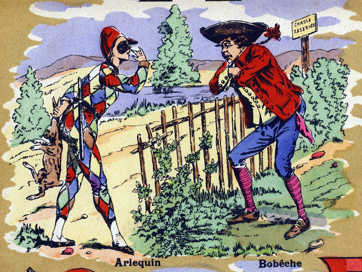 Harlekin og Bobeche . Illustrert alfabet. Bilder gjenforent i Jarville-Nancy, begynnelsen av det 20. århundre. Mål: 40 x 29 cm. Litografi på bistre-bakgrunn av William M. Timlin