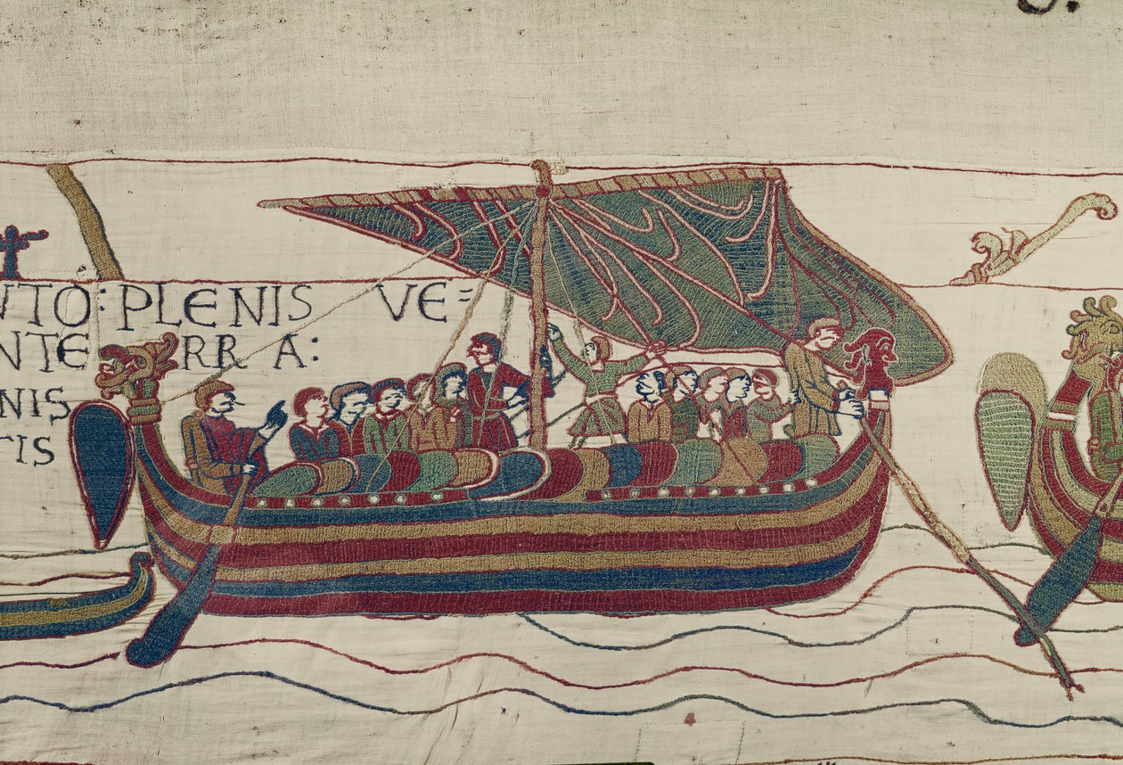Harolds skip blir sprengt til territoriet til grev Guy av Ponthieu, Bayeux Tapestry (ullbroderi på lin) av Unbekannt
