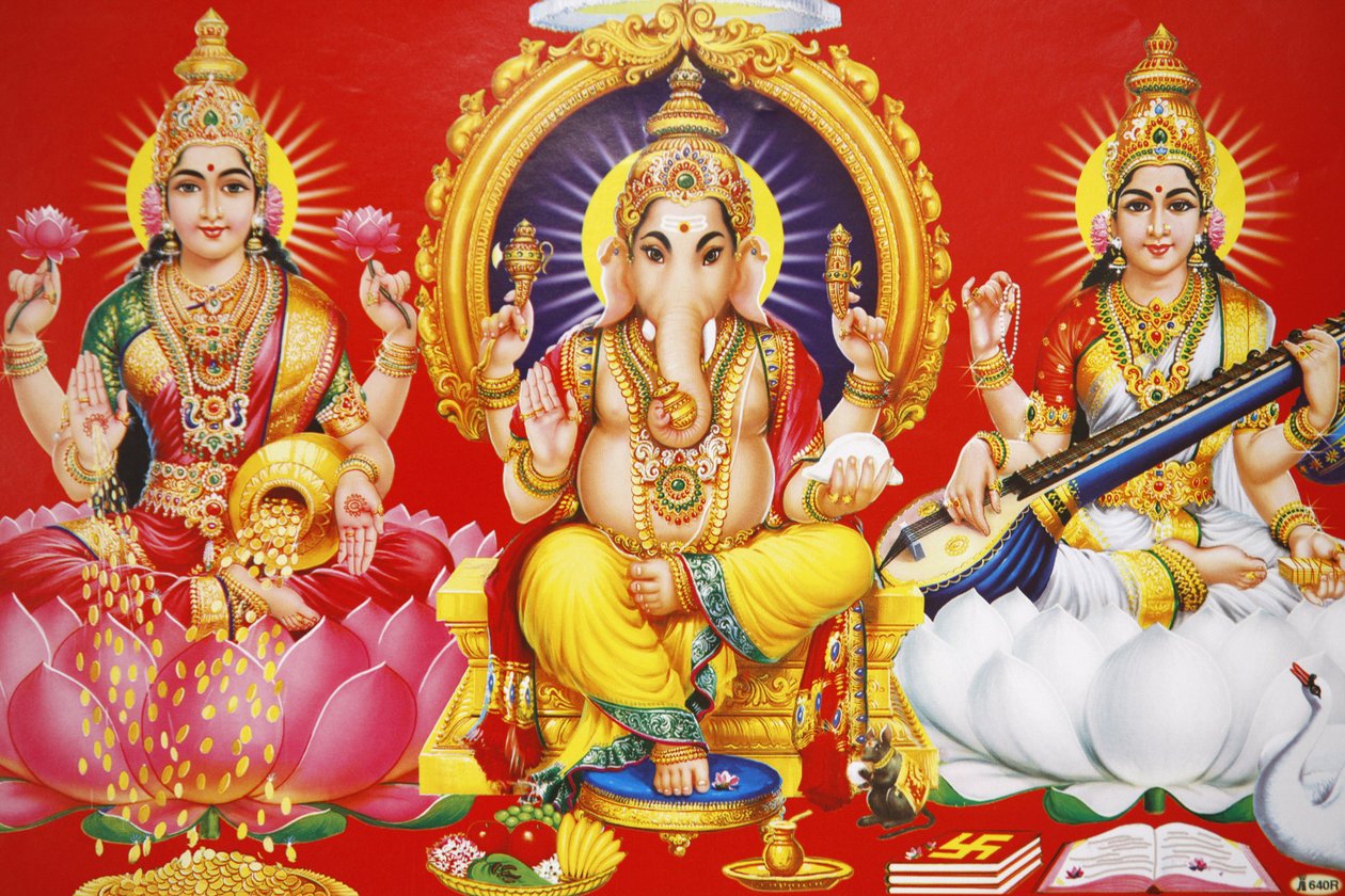 Hinduisk gudinne Laxmi, guden Ganesh og gudinnen Saraswati (venstre til høyre), , India av Unbekannt
