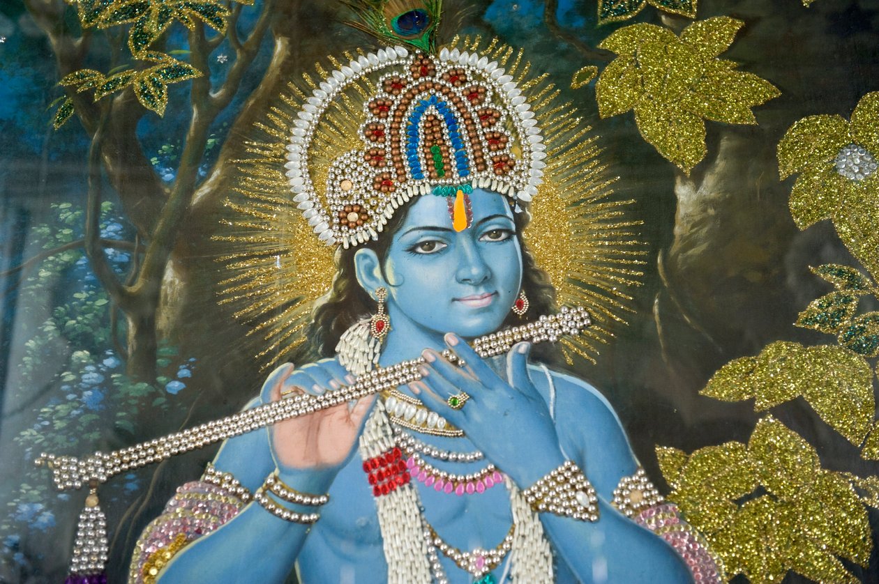 hinduisme; maleri av Lord Krishna med fløyte; Durgiana Mandir Vishnu-tempelet; Amritsar; Punjab; India; Sør-Asia; Asia av Unbekannt