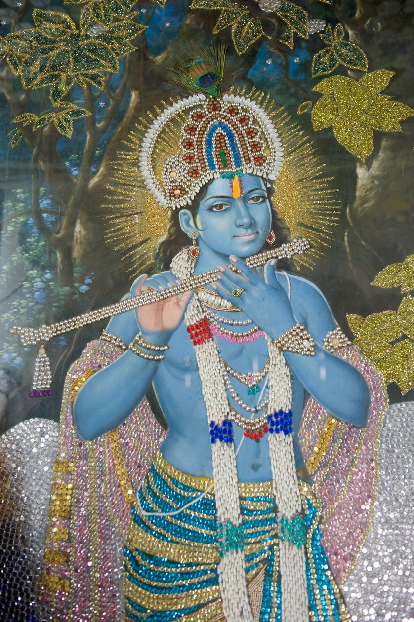 hinduisme; maleri av Lord Krishna med fløyte; Durgiana Mandir Vishnu-tempelet; Amritsar; Punjab; India; Sør-Asia; Asia av Unbekannt
