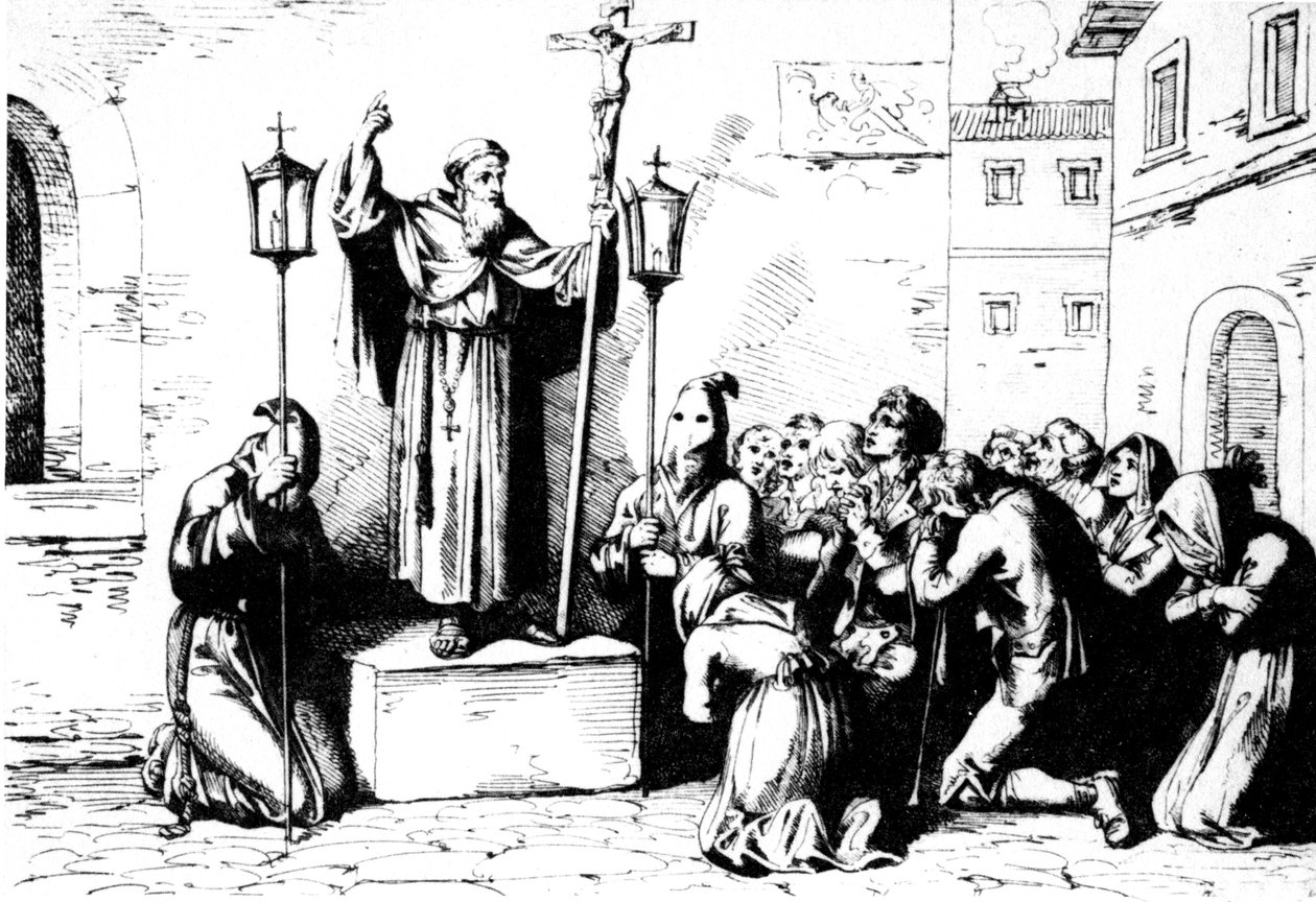 Historien om det gamle Roma. En munk forkynner for folket på et torg i Roma. Bartolomeo Pinelli gravering XIX århundre av Unbekannt
