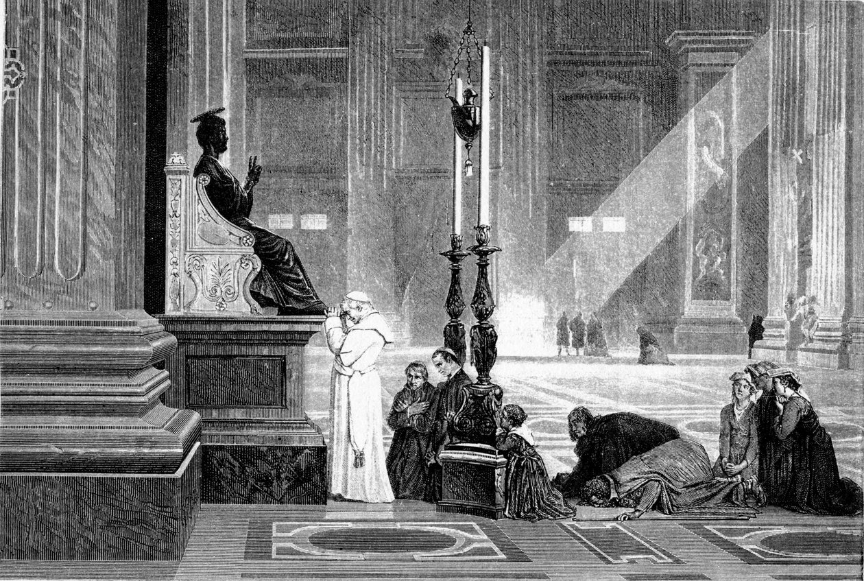 Historien om det gamle Roma. Pave Pius IX i bønn foran statuen av St. Peter i Vatikanets basilika Gravering G.Laplant 1867 av Unbekannt
