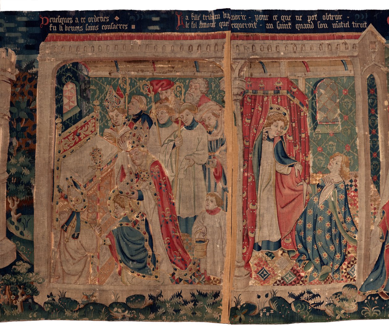 Historien om Saint Piat og Saint Eleuthère, også kalt billedvev av Arras. Bestilt fra kanon Toussaint Prier, kapellan for hertugen av Burgund, sent på 1300-tallet - begynnelsen av 1400-tallet. 22m x 2m. Detalj (teppe) av Alec Hunter