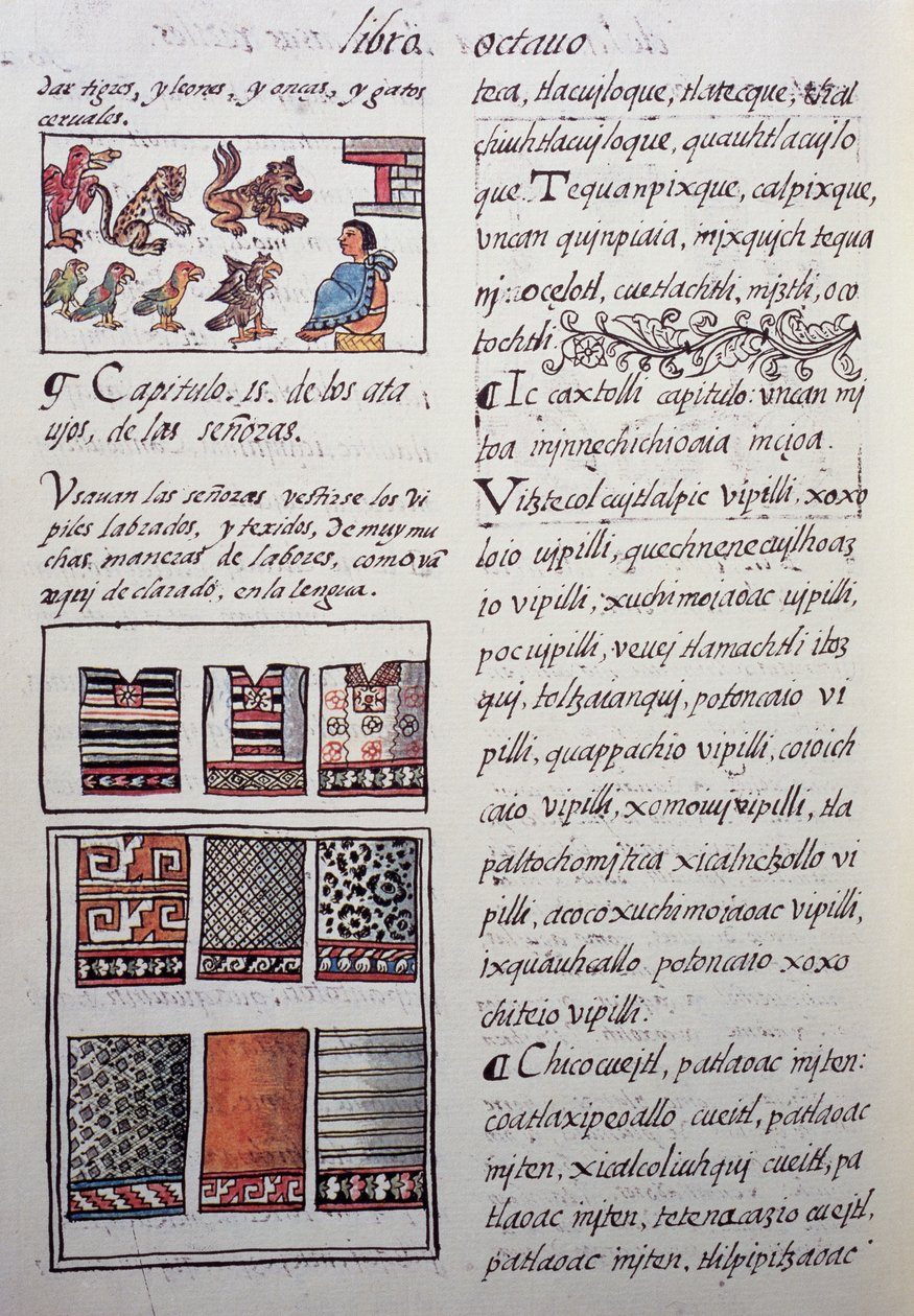 Huipil, kvinnelige plagg båret av adelen med broderte bluser, bok VIII av Florentine Codex, General History of Things of New Spain, av den spanske misjonæren Fray Bernardino de Sahagun. Aztekisk sivilisasjon av William M. Timlin