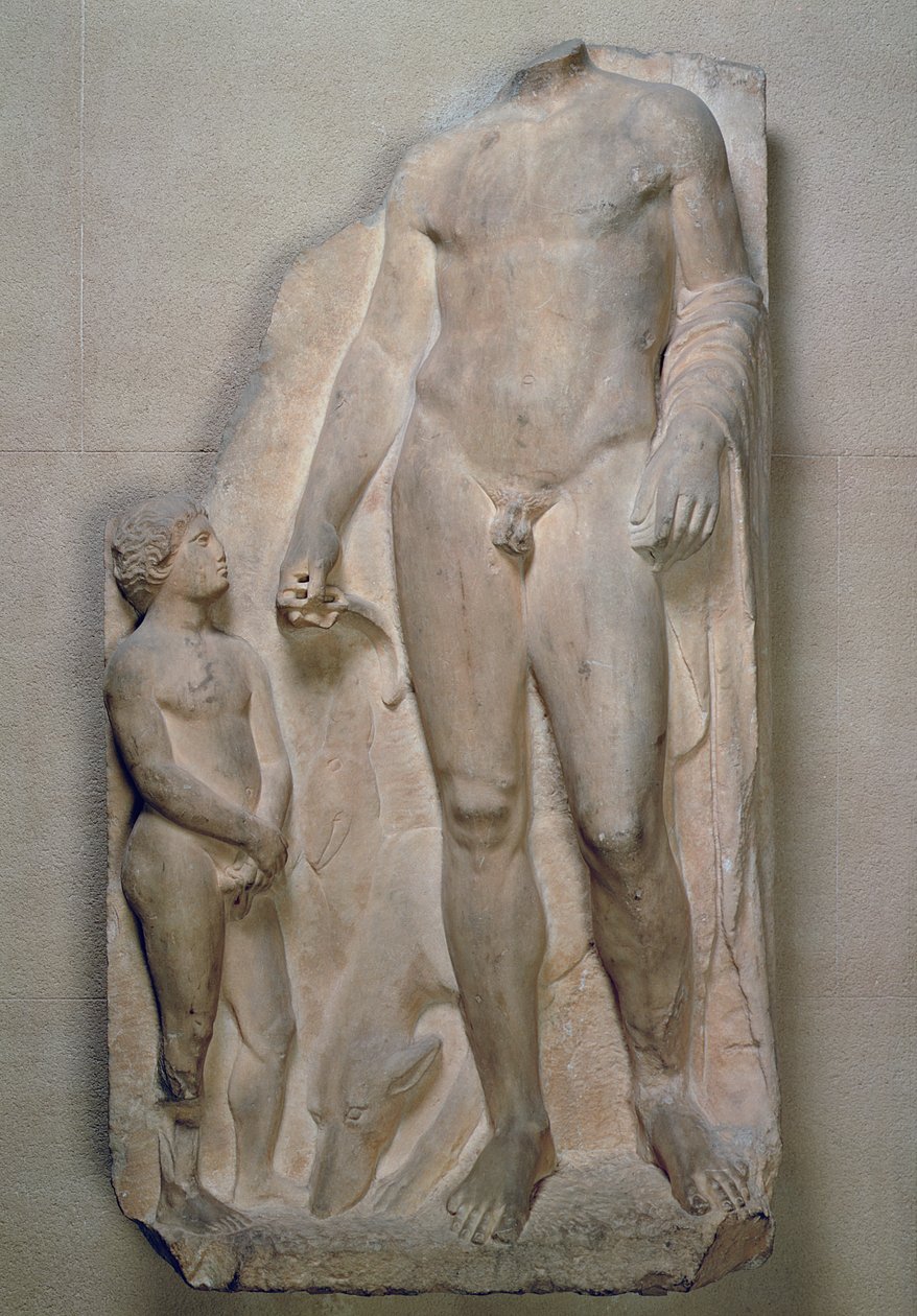 Huntsman, fragment fra et relieff på en begravelsesstele, Attic, sannsynligvis tidlig på 4. århundre f.Kr. (marmor) av Unbekannt