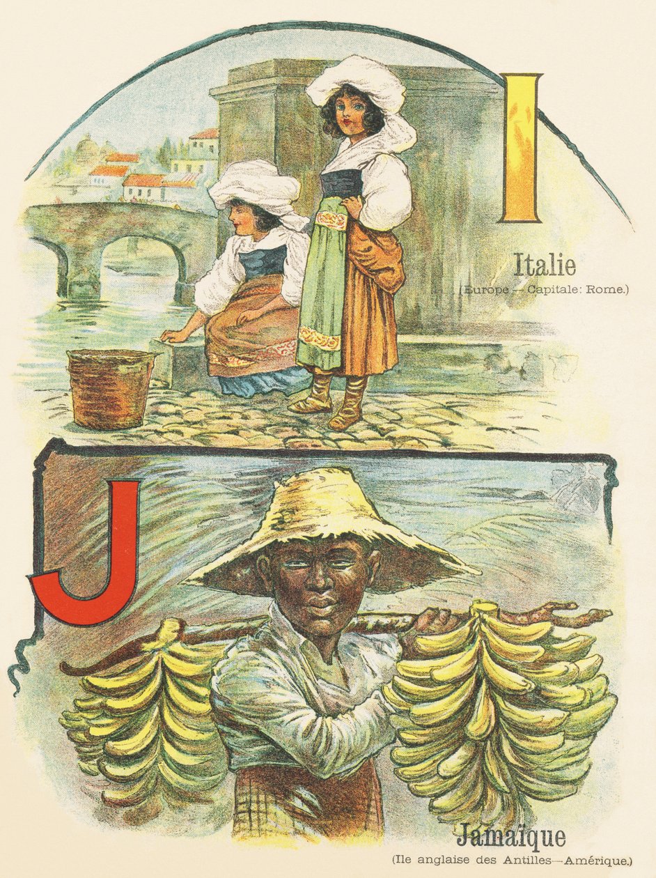 I J: Italia, Jamaica - ABC for de to verdener. Emile Guerin, forlegger, Paris, rundt 1900. Mål: 27,5 x 21,5 cm av Unbekannt