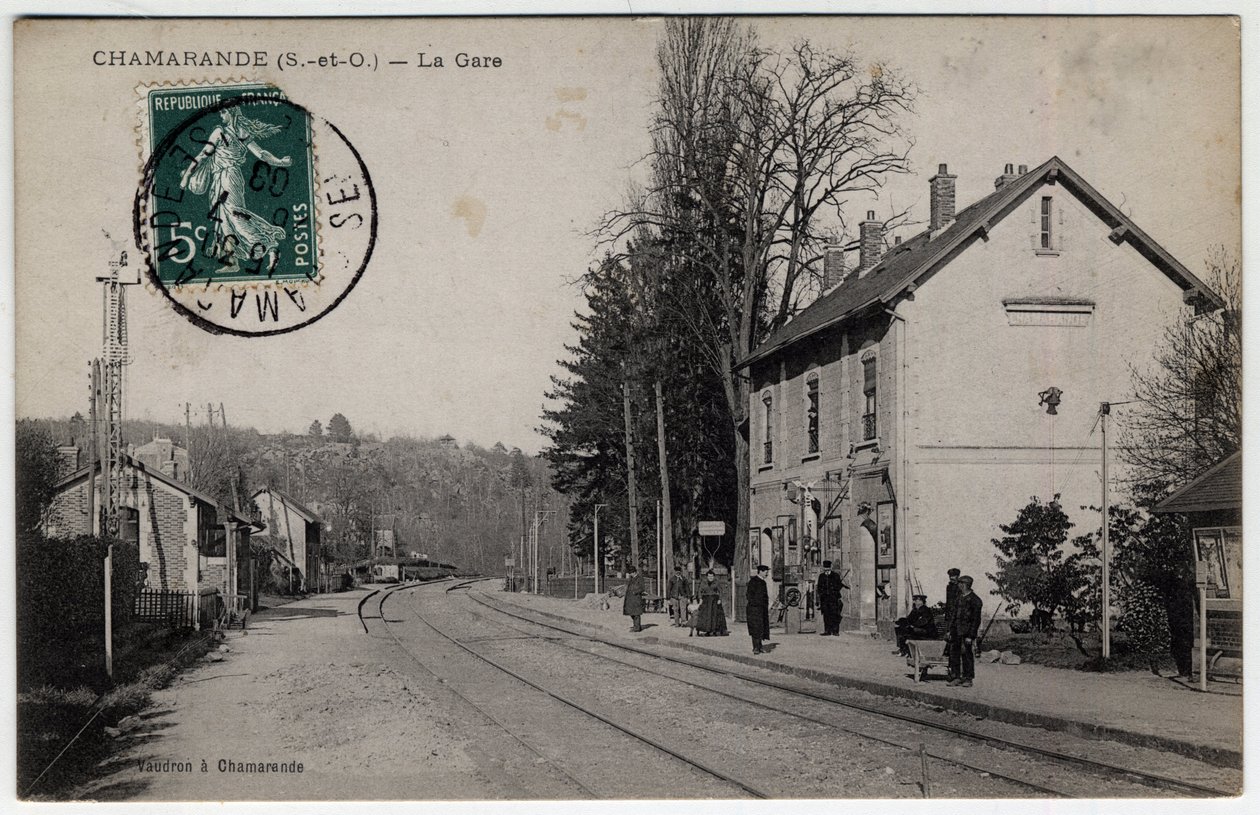 Ile de France, Essonne (91), Chamarande: utsikt over jernbanestasjonen - Postkort datert 1908 av William M. Timlin