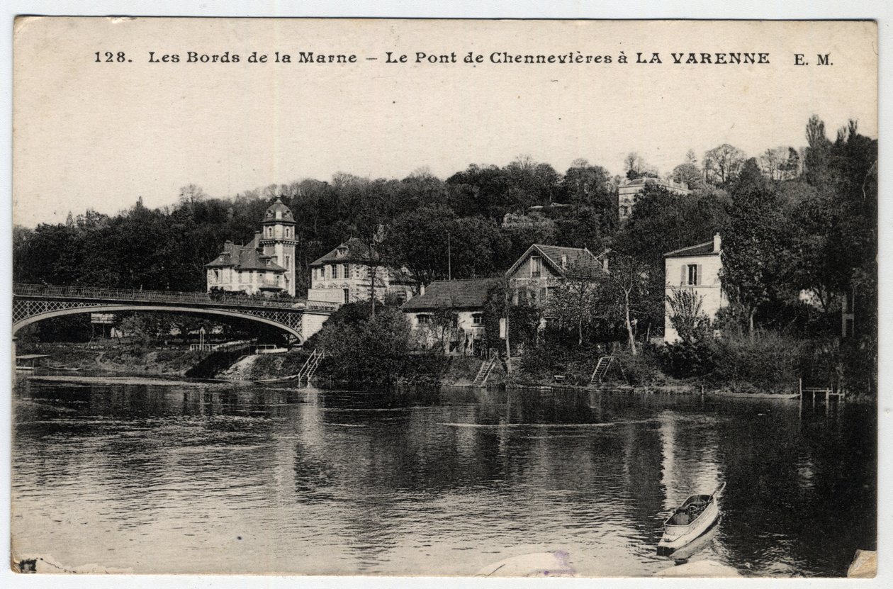 Ile de France, Val de Marne (94), La Varenne: bredden av Marne og broen til Chennevieres, med chateau des Rets - Postkort datert 1910-1919 av Unbekannt