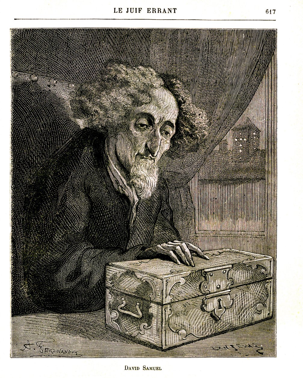 Illustrasjon av Eugene Sues roman "Den vandrende jøde"" - Gravering av FERDINANDUS i Jules Rouff-utgaven av 1883. David Samuel, verge for eiendommen til familien De Rennepont, med kassetten (kisten) som inneholder verdipapirene, aksjene, vekslene av Unbekannt