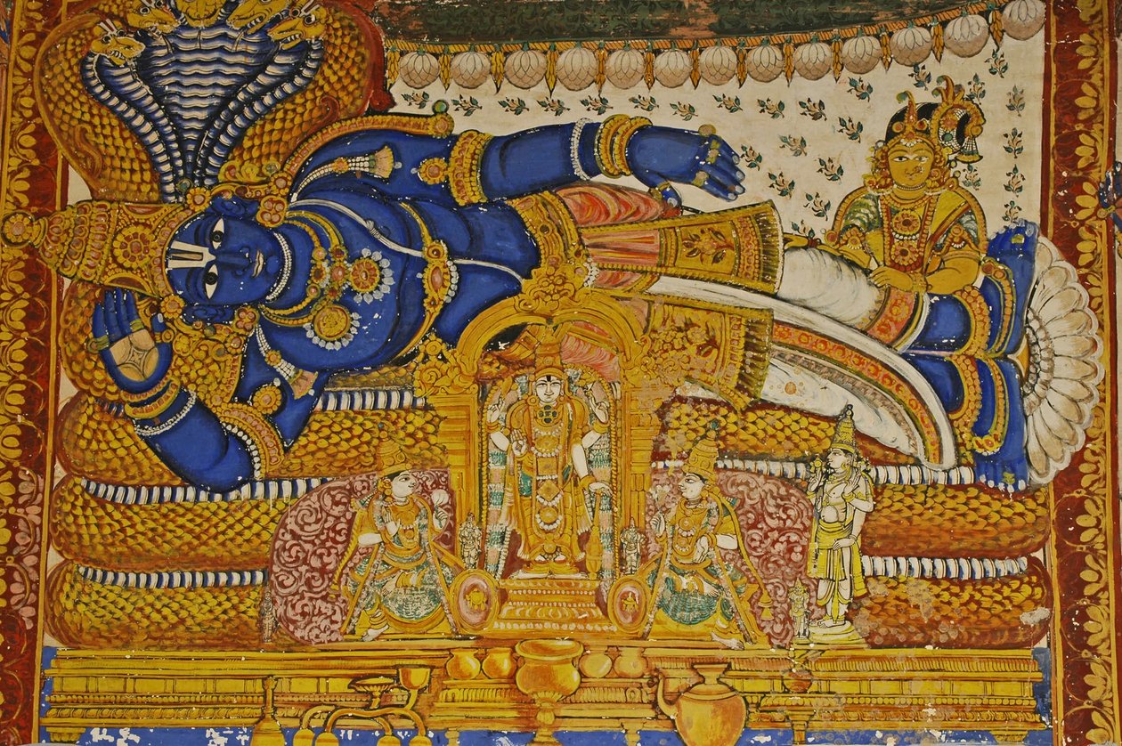 India, Tamil Nadu, Srirangam, Sri Ranganathasvami hinduistiske tempel (opprinnelig 10. århundre), veggmaleri av Vishnu. av Unbekannt