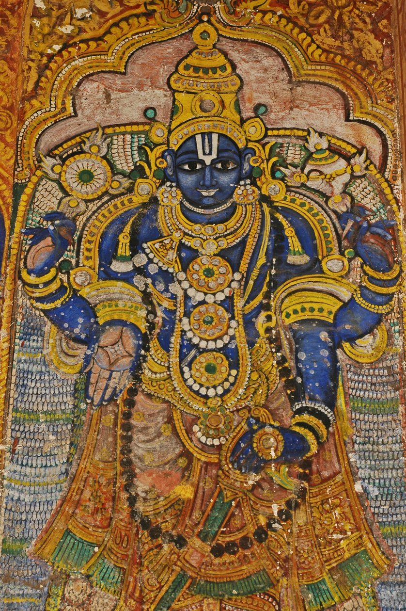 India, Tamil Nadu, Srirangam, Sri Ranganathasvami hinduistiske tempel (opprinnelig 10. århundre), veggmaleri av Vishnu. av Unbekannt
