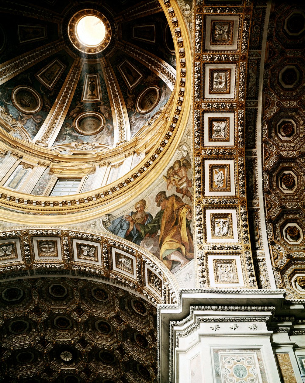 Innvendig utsikt over kuppelen til Peterskirken (Basilica San Pietro) i Roma. Detalj. Startet av Michelangelo (Michelangelo) og fullført av Giacomo della Porta og Fontana. Roma, Italia av Unbekannt