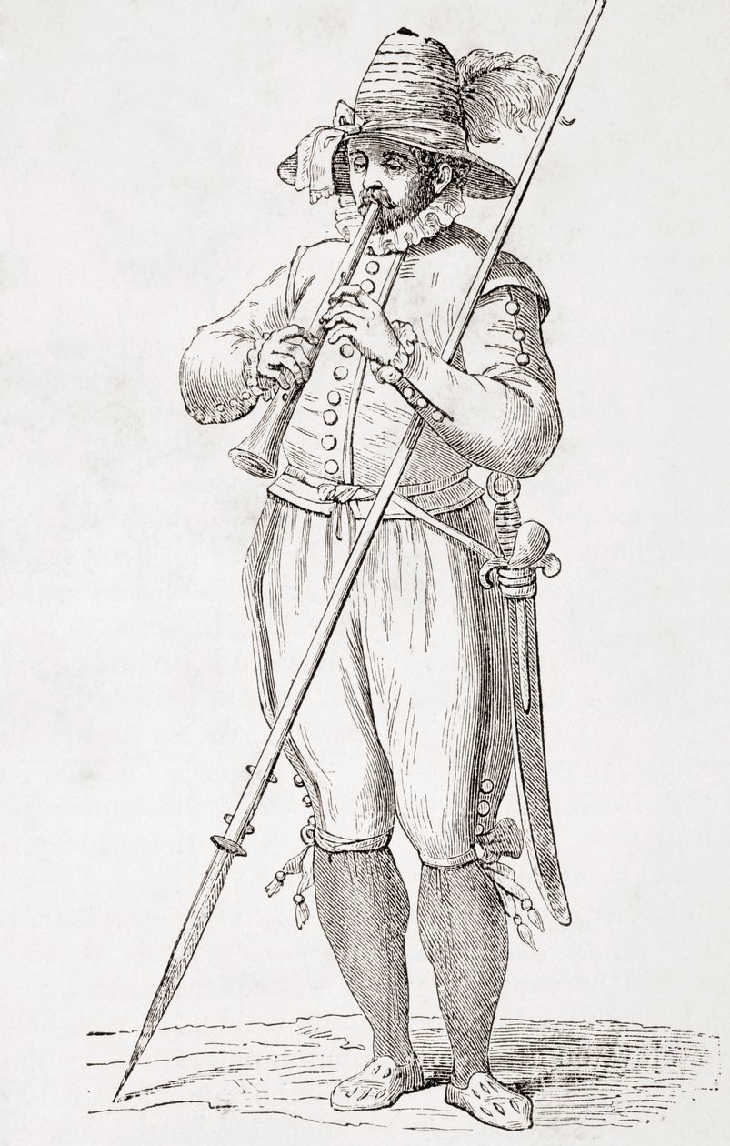 Italiensk bonde som spiller dulzaina, etter et verk fra 1500-tallet av Cesare Vecellio, fra 