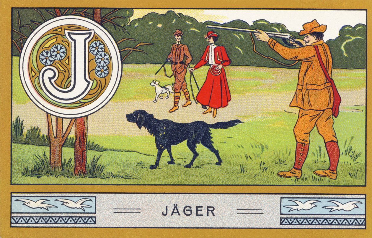 J: Jager - Palmine Alphabet. Serie med kromolitografier utgitt av H. Schlinck & Cie, Hamburg, sd. Annonse for Palmin Feintes Cocosfett. Mål: 7 x 11 cm av Unbekannter Künstler