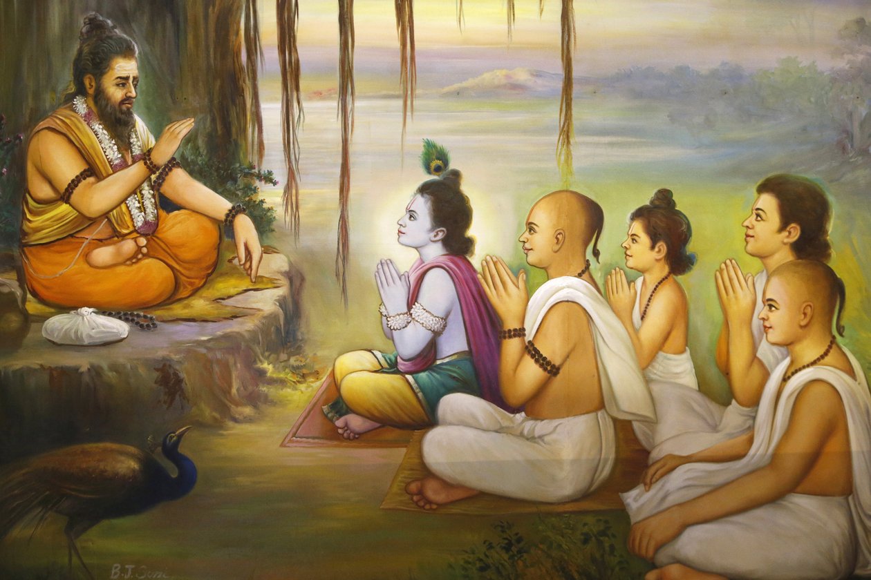 Jalaram Prathna hinduistiske tempel, Leicester. Fresco. Krishna og hengivne som lytter til Balarama. Storbritannia av Unbekannt