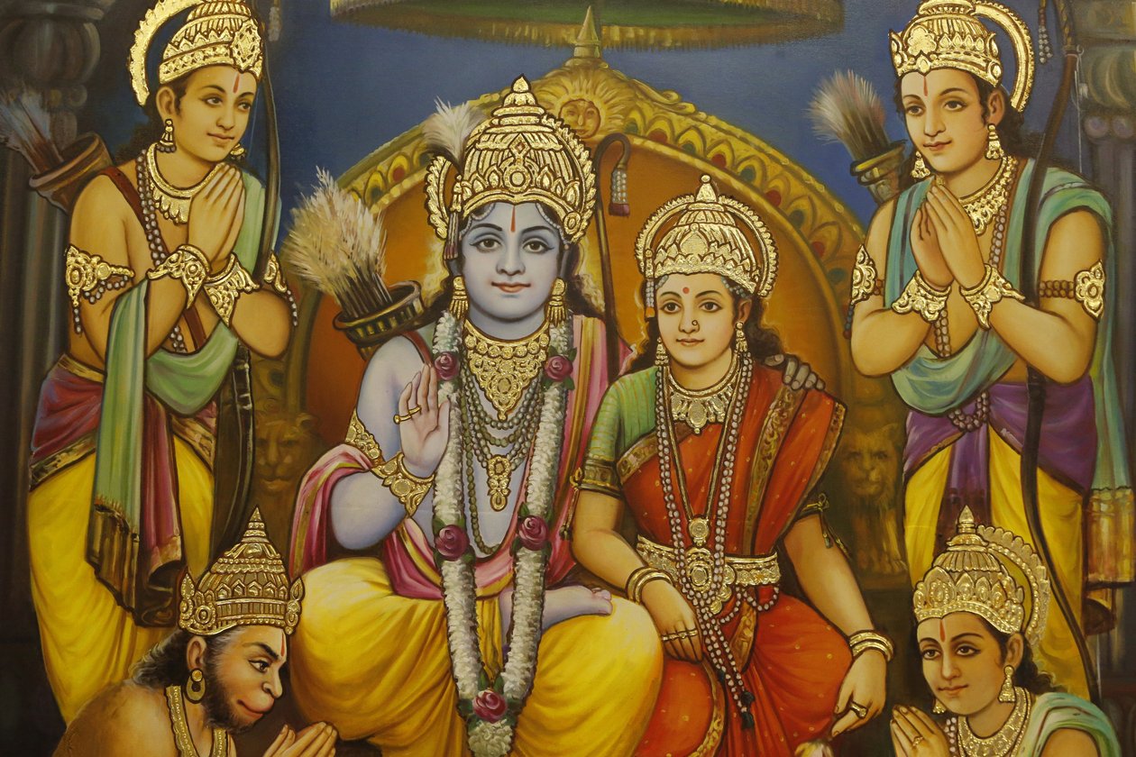 Jalaram Prathna hinduistiske tempel, Leicester. Fresco. Ram, Sita med Lakshman til høyre for Ram og Hanuman på kne, og hengivne Storbritannia av Unbekannt