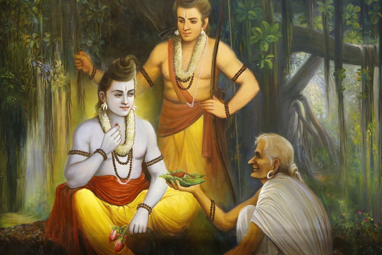 Jalaram Prathna hinduistiske tempel, Leicester. Fresco. Rama møter Shabari som tilbyr mat til Ramacandra. Storbritannia av Unbekannt