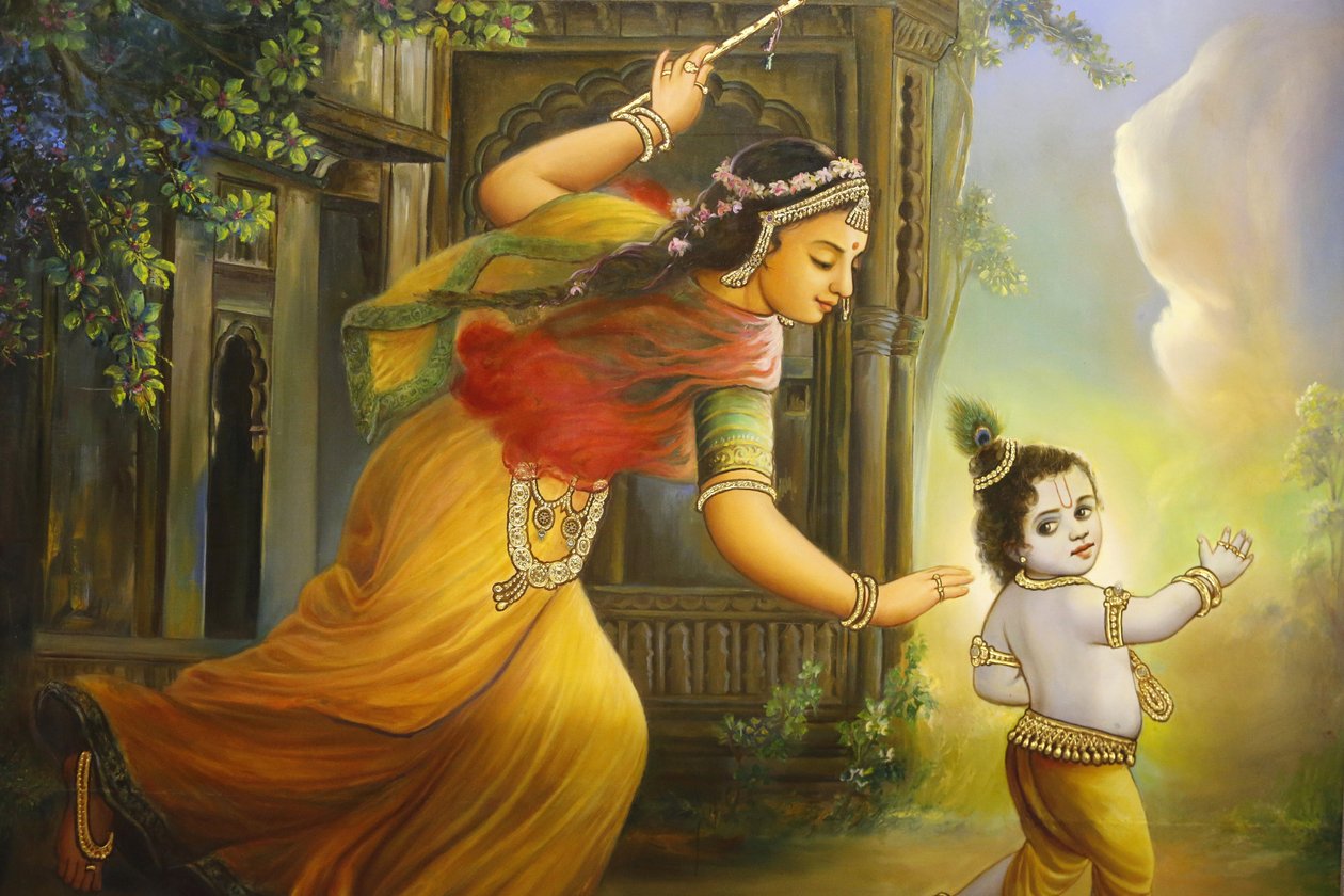 Jalaram Prathna hinduistiske tempel, Leicester. Fresco. Yashoda og Krishna. Storbritannia av Unbekannt