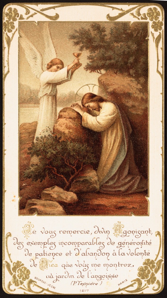 Jesus kneler i bønn i Getsemane hage, en engel presenterer ham en kalk. Tidlig på 1900-tallet (postkort) av Unbekannter Künstler