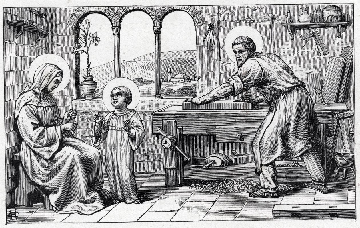 Jesus tjener Maria. Alfabetet til Jesusbarnet. Utgave av 1932. Treskjæringer signert H G. Privat samling av William M. Timlin