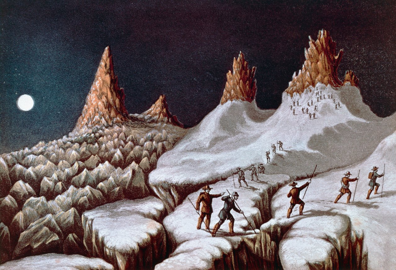 John MacGregors bestigning av Mont Blanc, Grands Mulets-rute, illustrasjon fra Narrative of ascent to Mont Blanc, 21. september av William M. Timlin