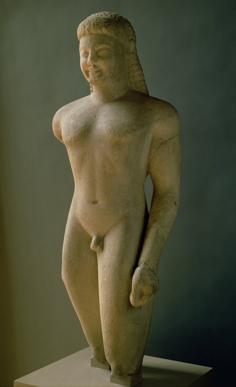Kouros, gresk, fra Paros, nær helligdommen til Asklepios, ca. 540 f.Kr. (marmor) (se også 154092) av Unbekannt