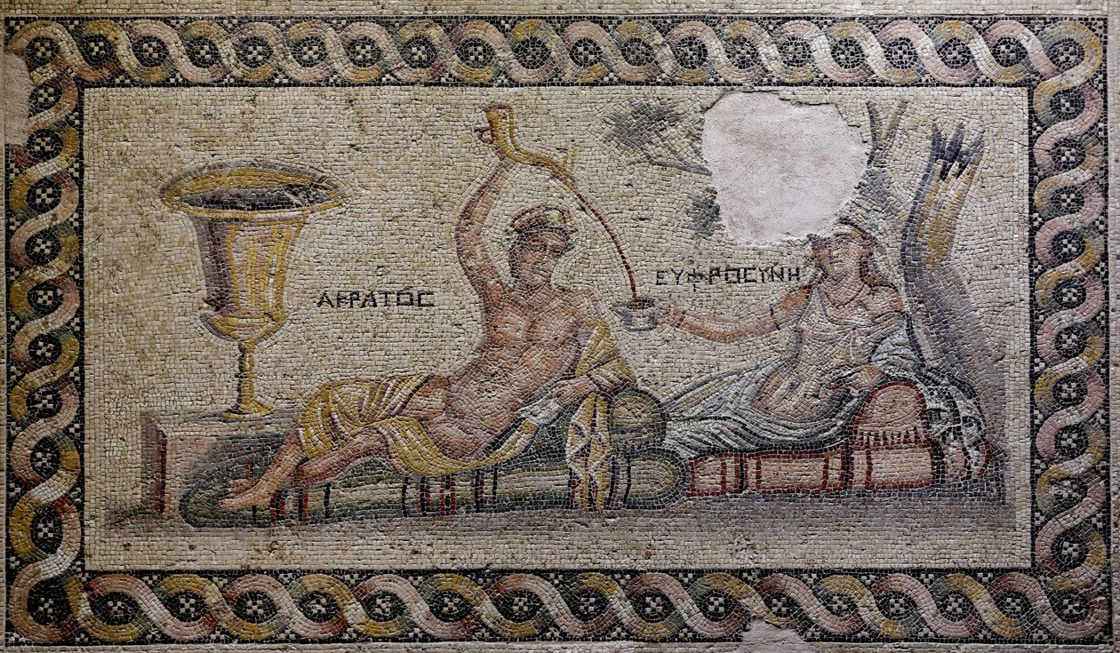 Kratos (Cratos) og Euphrosyne (Euthymia) - Mosaikk, Akratos og Euphrosyne, Zeugma Mosaikkmuseum, Gaziantep, Sørøst-Anatolia-regionen, Anatolia, Tyrkia, Asia av Unbekannter Künstler
