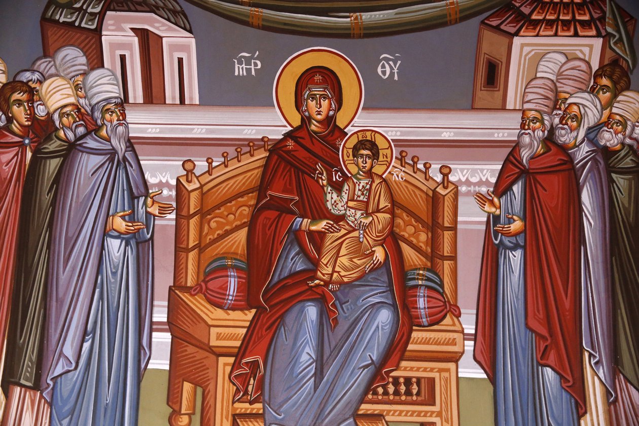 Kykkos kloster, Kypros. Fresco. Jomfru og barn omgitt av talere, 20150510, Pedoulas, Kypros av Unbekannt