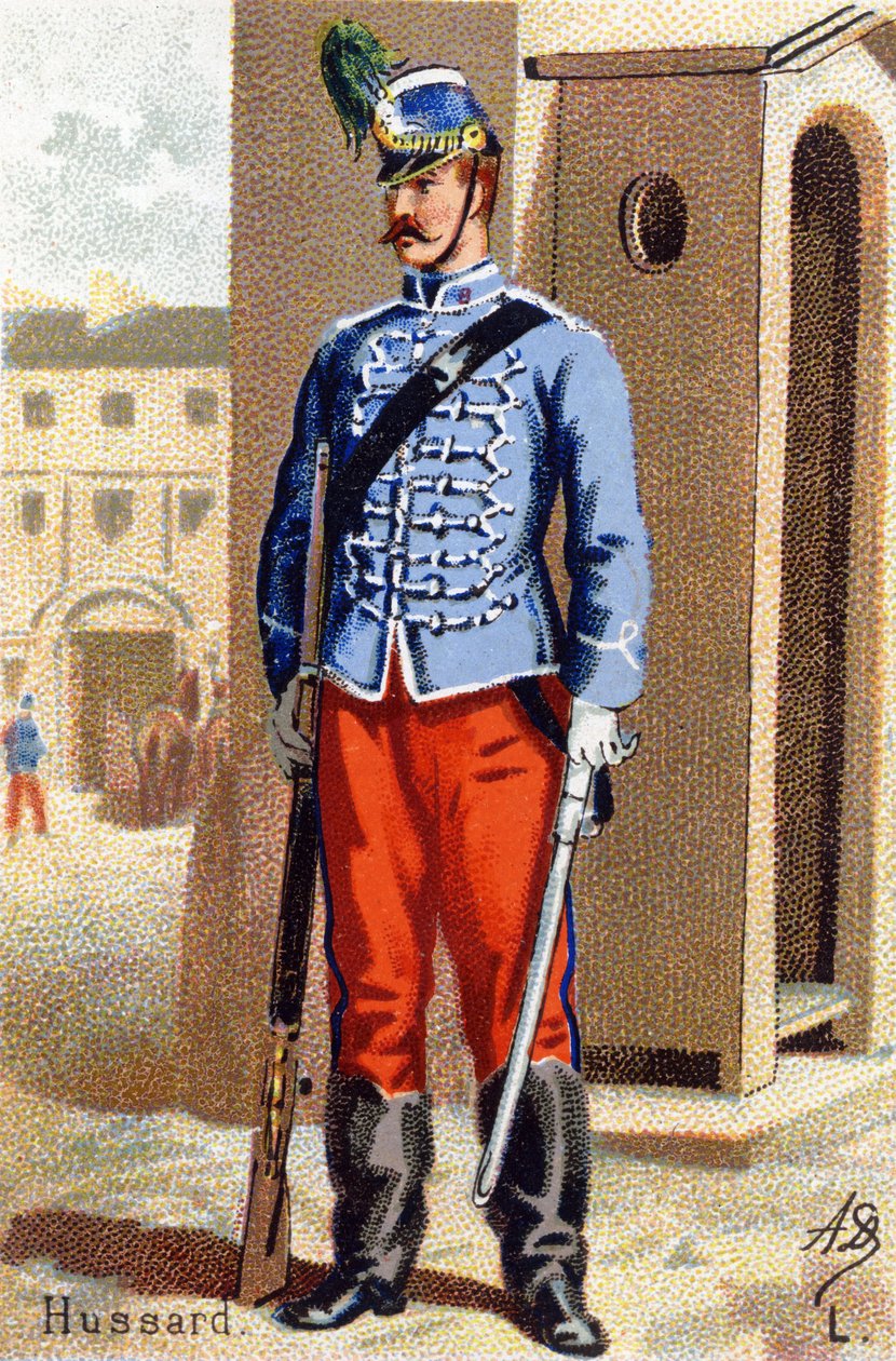 L: Hussard. Gravering i "Militæralfabetet" . Illustratorens initialer: A. D. Ukjent utgiver. Kromolitografier sent på 1800-tallet. Mål: 10,5x7 cm. av Unbekannt