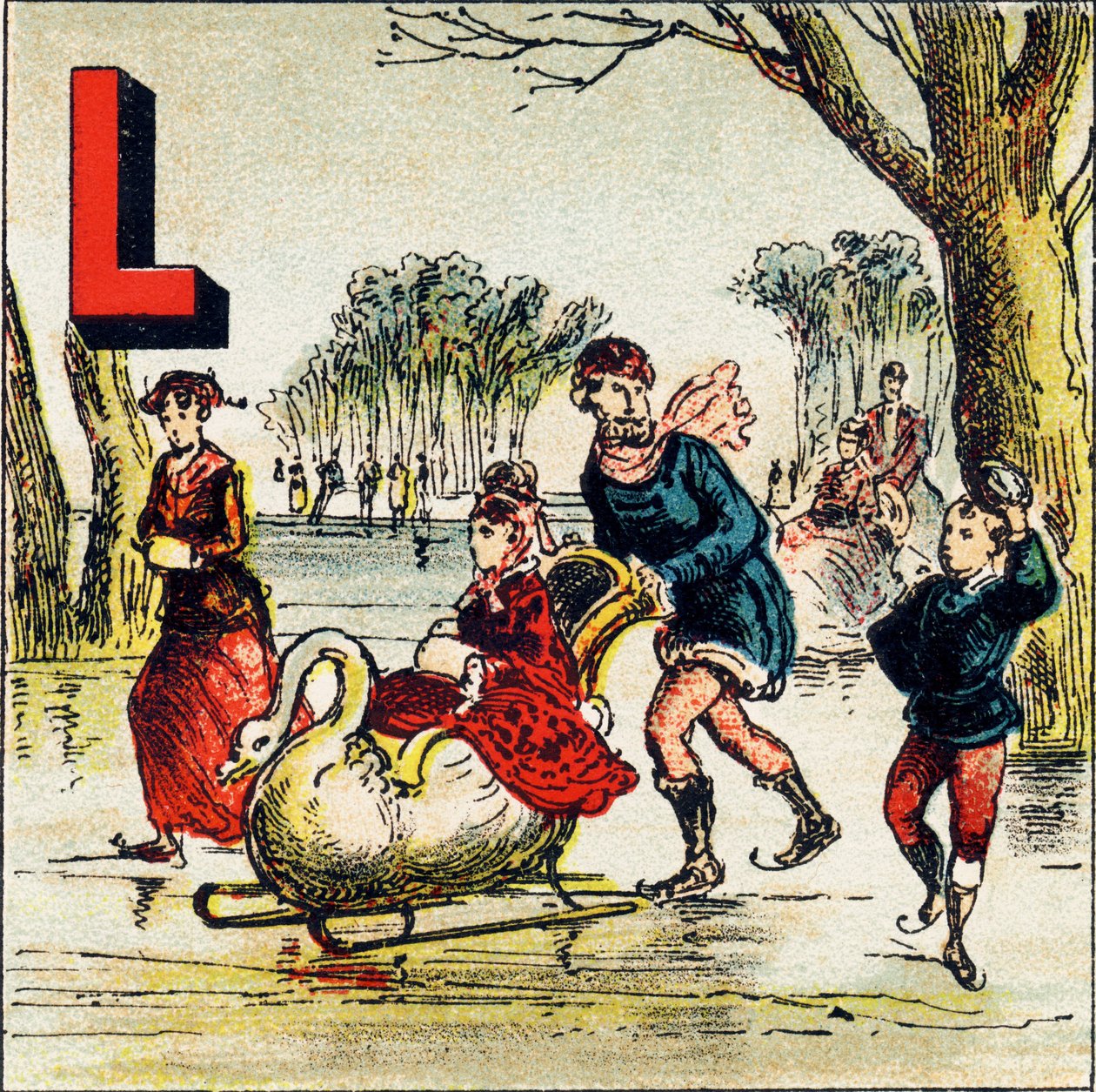 L: Lake. En innsjø er en stor vannmasse innelukket i land. Genfersjøen er en beundringsverdig innsjø - Gravering hentet fra Geografisk alfabet. Guerin-Muller et Cie, forlag, Paris av Unbekannt