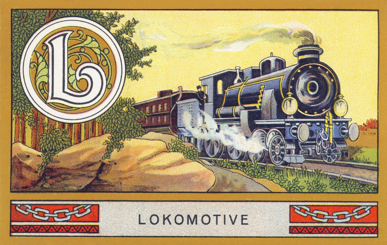 L: Lokomotiv - Alphabet Palmin. Serie med kromolitografier redigert av H. Schlinck & Cie, Hamburg, s. d. . Reklame for Palmin feinstes Cocosfett. Mål: 7 x 11 cm av Unbekannt