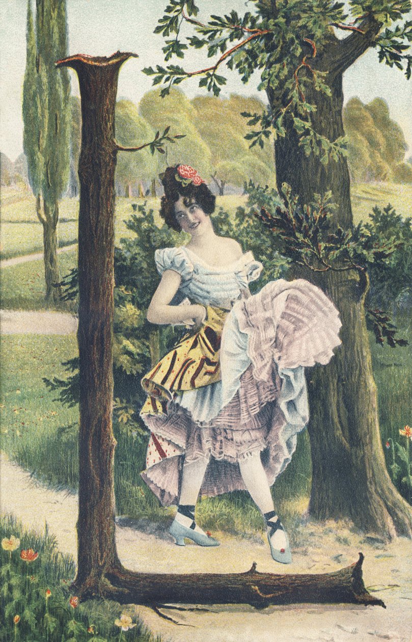 L: En kvinne med blomster i håret løfter underkjolene for å skissere et dansetrinn. Landsdekor - Alfabettegn Ref Th. E., L. Theochrom - Serie 994. Theodor Eisman, forlegger, Leipzig av Unbekannt