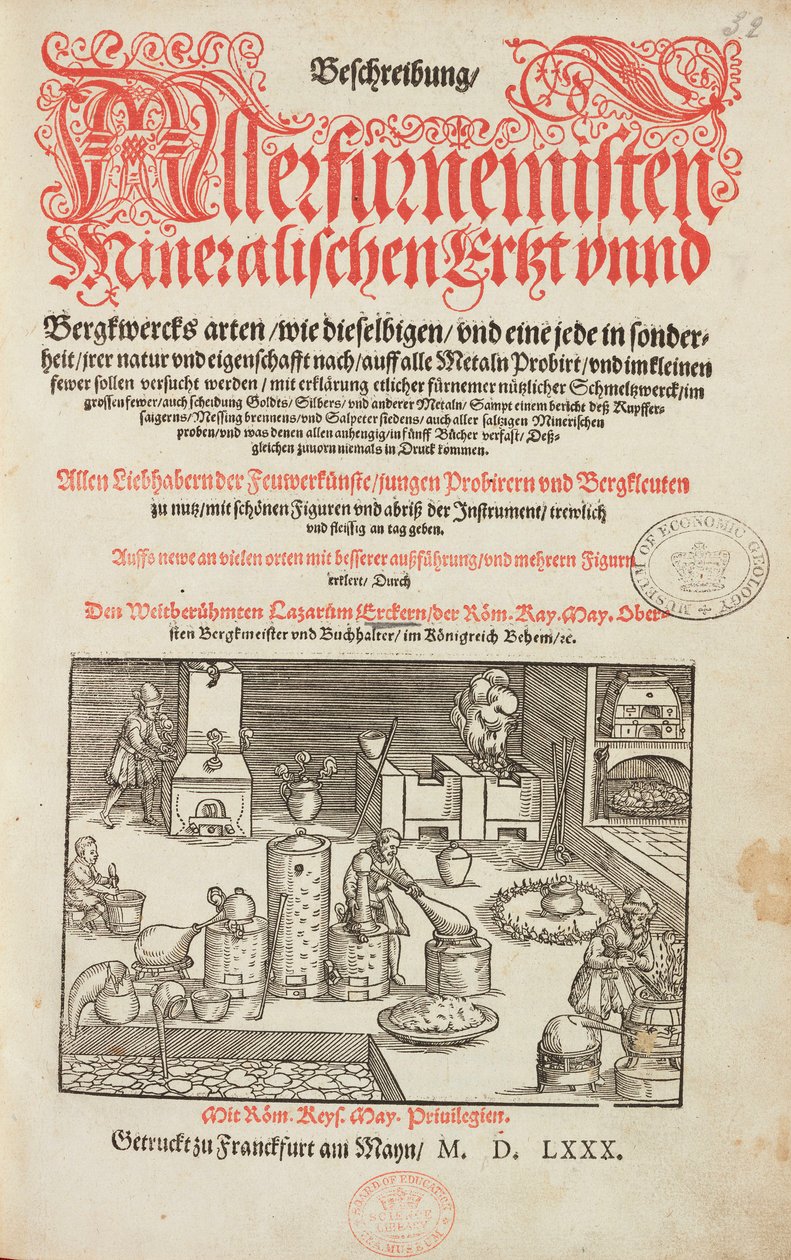 Malmanalyselaboratorium, med ovn, instrument og verktøy - Tittelside fra Beskrivelse av malmer og viktigste metoder for gruvedrift, av Lazarus Ecker - Alchemy & Early Chemistry Tittelside fra en bok om metallurgi av Unbekannt